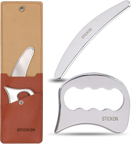 STICKON 2 in 1 Stainless Steel Gua Sha Muscle Scraper Tools Set,Physical Therapy Tools,Muscle Scraping Tool,Massage Scraper,IASTM Tools, Guasha Massage Scraper (STICKON-62)