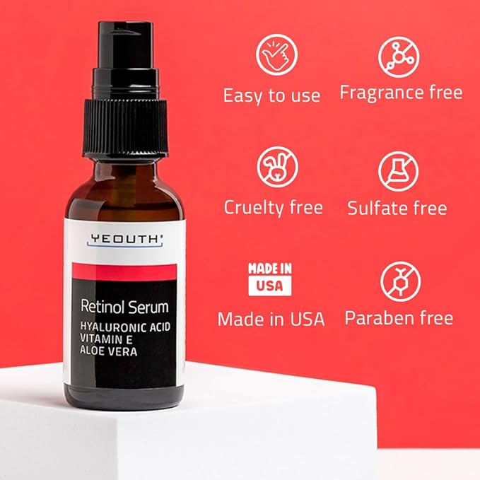 YEOUTH Retinol Serum for Face with Hyaluronic Acid & Vitamin E, Hydrating Retinol Face Serum, Skin Care Suitable for All Skin Types 1oz