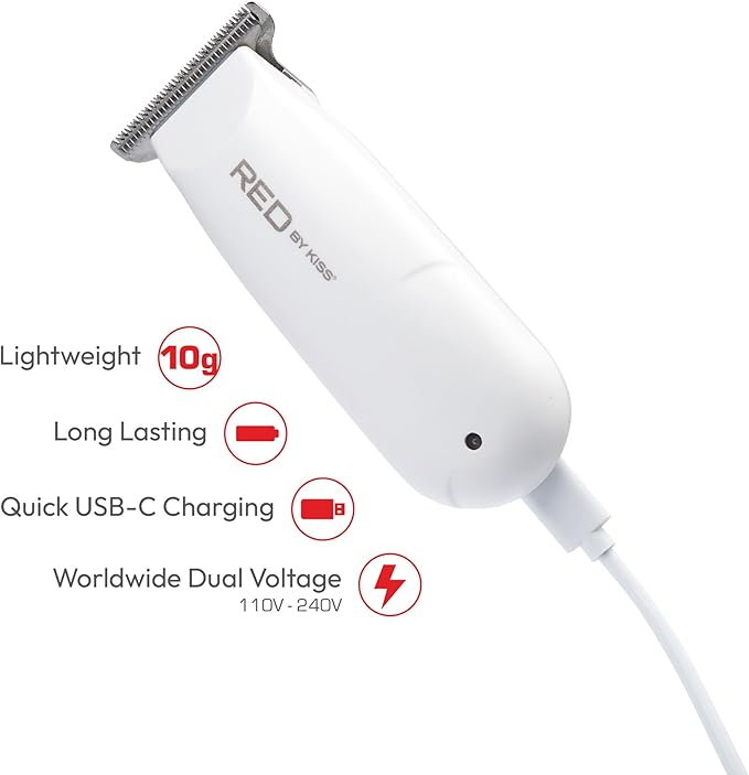 Red by Kiss Hair Clipper, Mini Cordless Hair Trimmer, Long Lasting Hair Cutting Kit, USB-C Rechargeable Haircut Beard Trimming Clippers for Men Women Kids, Portable Grooming Kit (White)