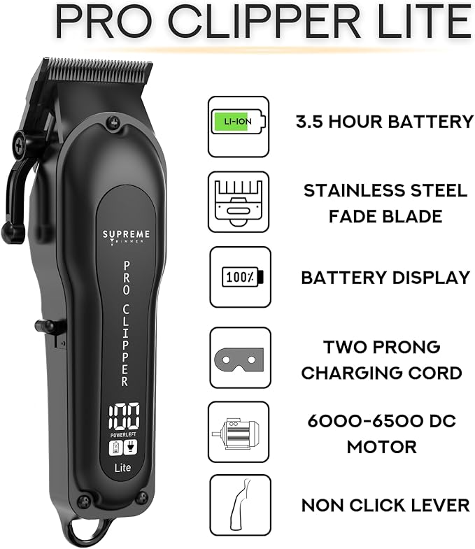 Supreme Trimmer Pro Clipper Lite | 210 Min Run Time Professional Hair Cutting Tool Set + Hair Comb, Scissors & Fade Blade | STC5000