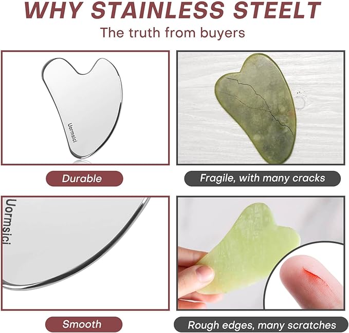 Metal Gua Sha Facial Tools, 100% 304 Stainless Steel Guasha Tool for Face, Premium Guasha Set for Face, Body, Gua Sha Stone for Tighten Skin