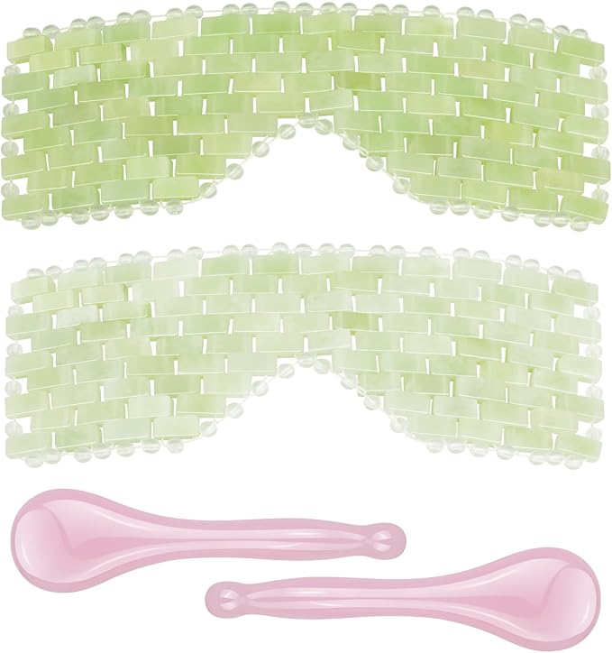 4 Pcs Jade Eye Mask & Skin-Safe Glass Facial Massage Tool, Jade Cooling Mask & Gua Sha Therapy Roller for Skincare Relieve Puffiness, Anti-Aging, Stress Relief
