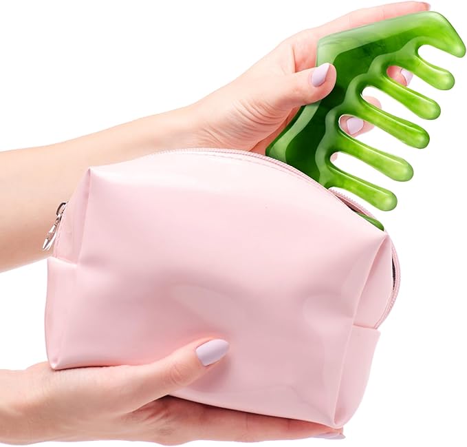 Geiserailie 2 Pieces Jade Combs Massage Stone Hair Gua Sha Scraping Scalp Comb Facial Massage Tool Multifunctional Handheld Head Tools Head Caring Therapy Mother's Day Gift (Dark Green Style)