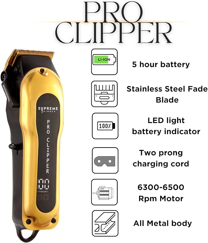 Supreme Trimmer Pro Clipper All Metal w/Fade Blade | 300 Min Run Time Professional Clipper Set, Cordless Beard Trimmer | STC5030 Gold