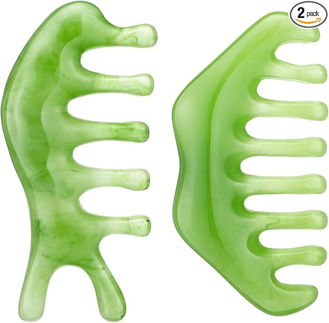 Geiserailie 2 Pieces Jade Combs Massage Stone Hair Gua Sha Scraping Scalp Comb Facial Massage Tool Multifunctional Handheld Head Tools Head Caring Therapy Mother's Day Gift (Fashion Style)