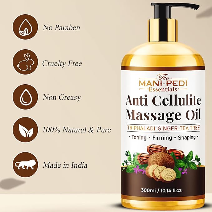 Anti Cellulite Massage Oil with Ginger Oil, Tea-Tree Oil & Natural Herbs for Toning, Firming & Shaping. 100% Natural Ingredients, Non-Sticky Texture - 10 Fl Oz