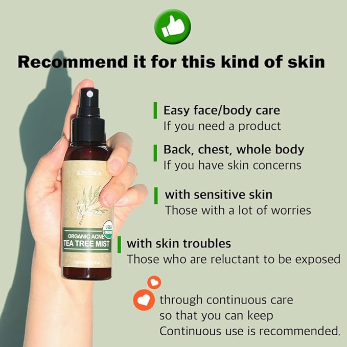 [USDA Certified] TheAromaShop Organic Acne Tea Tree Mist Korea Atonanda Facial & Bag & Body & Face Spray -Acne Skin Care Natural Ingredients - 3.38 fl. oz