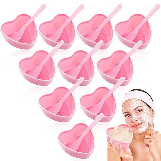 10 Sets Facial Bowls Plastic Heart Shaped Facial Mask Mixing Set with Spatula Pink Facemask Bowl DIY Skin Care Mixing Tool Kit Esthetician Supplies for Lady Women Home Beauty Salon