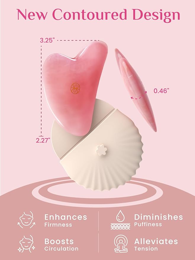 Rena Chris Gua Sha Facial Tools, Ergonomic Rose Quartz Guasha Tool for Face Massage, Manual Facial Massager Tool For Jawline Sculpting and Puffiness Reduction with Silicone Case (Pink)