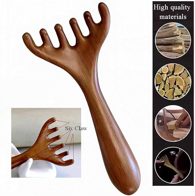 Natural Wooden Gua Sha Tool,Wooden Gua Sha Scraping Massage Tool,Long Handle Sandalwood Six Claw Antler Massager,1 Pieces