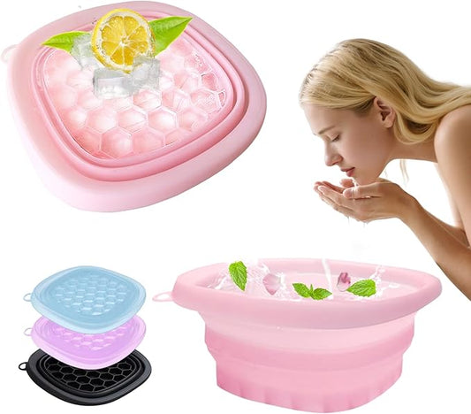 Face Bowl for Ice with Built-in IceTray,Collapsible Silicone Face Ice Bowl – Cold Plunge Therapy for Skin Tightening & Facial Treatment– Portable Spa Tool for Home & Travel（Pink) ﻿