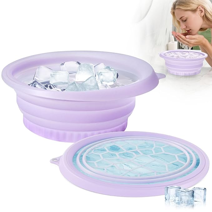 Face Bowl for Ice with Built-in Ice Tray – Collapsible Silicone Facial Ice Bath Bowl for Cold Plunge Therapy, Skin Tightening & Acne Relief – Portable Spa Tool for Home & Travel(Purple)