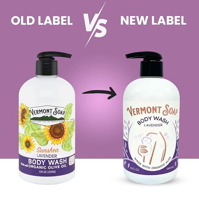 VERMONT SOAP Body Wash, Natural Body Wash with Shea Butter, Mild Gel Body Wash for Moisturizing and Soothing Skin, Fragrance Free Body Wash for Women & Men (Lavender, 12oz)