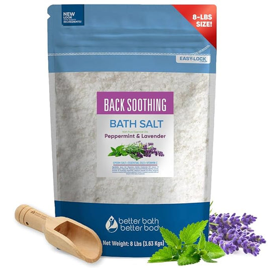 Back Soothing Bath Salt 128 Ounces (8 Lbs) USP Grade Epsom Salt with Natural Peppermint and Lavender Essential Oils Plus Vitamin C Made with Natural Ingredients