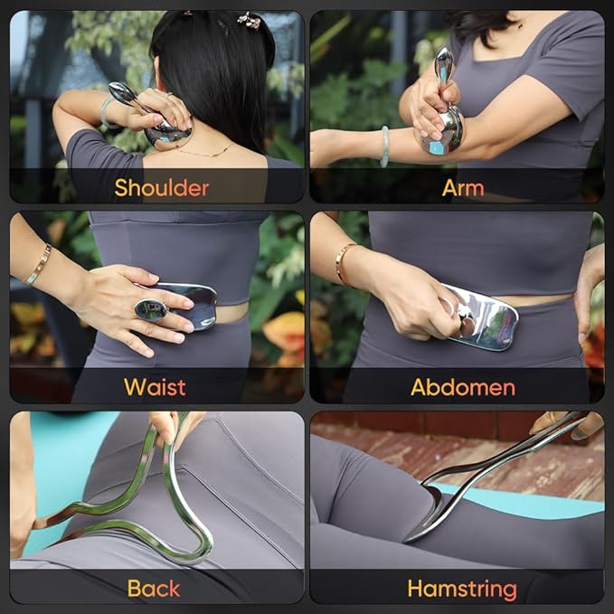 ONUEMP 5-in-1 Stainless Steel Therapy Massage Tools, Gua Sha Scraping Fascia Massage, Maderoterapia Kit Colombiana for Lymphatic Drainage, Cellulite Remover, Ice Body Sculpting