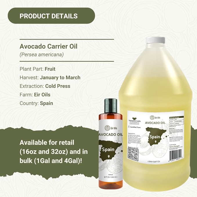 Avocado Oil - Direct from EIR Oils Farm in Spain - 100% Pure Carrier Oil for Hair, Face, and Skin - Hand-Picked, Cold-Pressed Carrier Oil - (4Gallons)