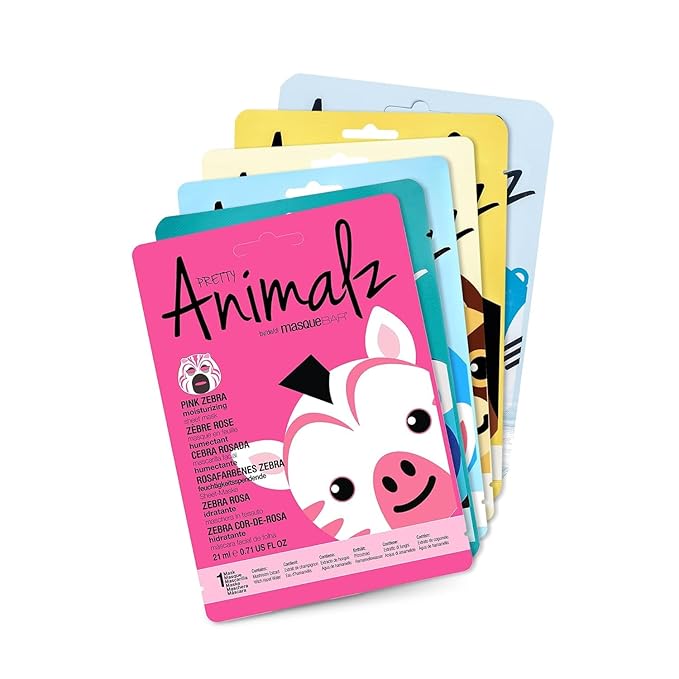 masque BAR Pretty Animalz Animal Character Sheet Mask, Korean Skin Care, Korean Spa Masks for All Skin Types, Spa Gifts, Birthday Party Gifts, Girls' Night, Skincare Party, Assorted Pack of 6