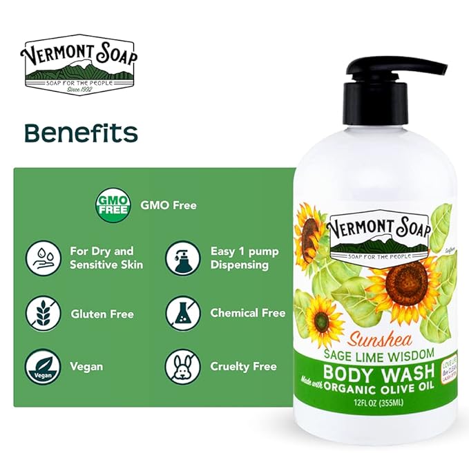 VERMONT SOAP Body Wash, Natural Body Wash with Shea Butter, Mild Gel Body Wash for Moisturizing and Soothing Skin, Fragrance Free Body Wash for Women & Men (Sage Lime Wisdom, 12oz)