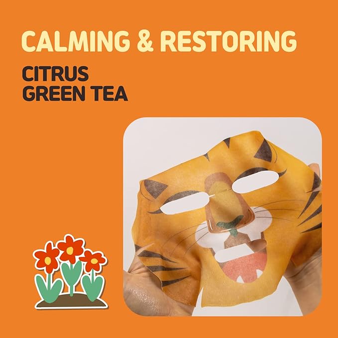 Epielle Animal Character Sheet Masks Tiger 6 Pack, Calming & Restoring Face Mask Skincare Set with Citrus & Green Tea, Girls Spa Party Favors, Sleepover, Self Care Gifts for Women, Korean Skin Care