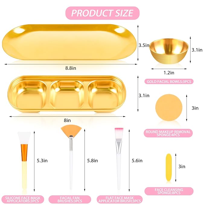 26Pcs Esthetician Supplies for Facials Set - 3 Stainless Steel Gold Mixing Bowls Gold Small Serving Tray 3 Compartment Serving Tray 3 Facial Fan Brushes 6 Face Mask Applicator Brush 12 Face Sponges
