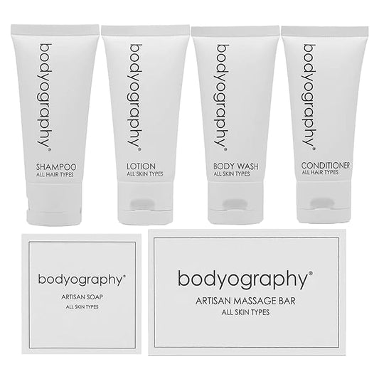 Bodyography Blanc Mini Travel Size Toiletries Bathroom Kit | Vanilla White Tea| Shampoo, Conditioner, Body Wash, Lotion, Artisan Soap & Massage Bar