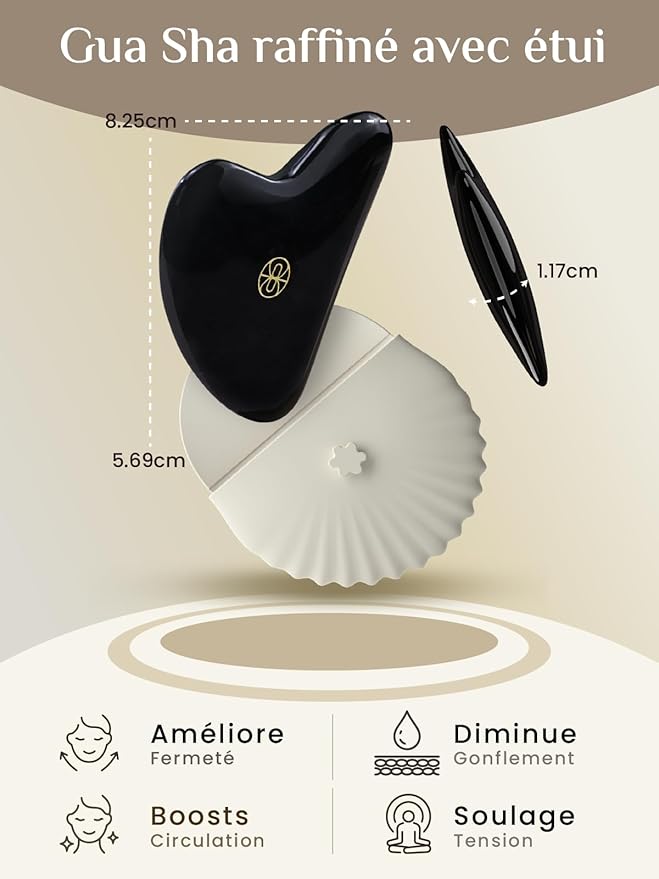 Rena Chris Gua Sha Facial Tools, Ergonomic Black Obsidian Jade Guasha Tool for Face Massage, Manual Facial Massager Tool for Jawline Sculpting and Puffiness Reduction with Silicone Case (Black)