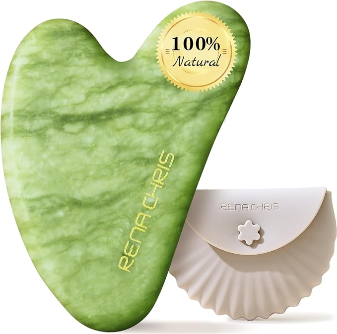Rena Chris Gua Sha Facial Tools, Xiuyan Jade Stone Guasha Tool for Face Massage, Manual Facial Massager Tool for Jawline Sculpting and Puffiness Reduction with Silicone Case (Green)