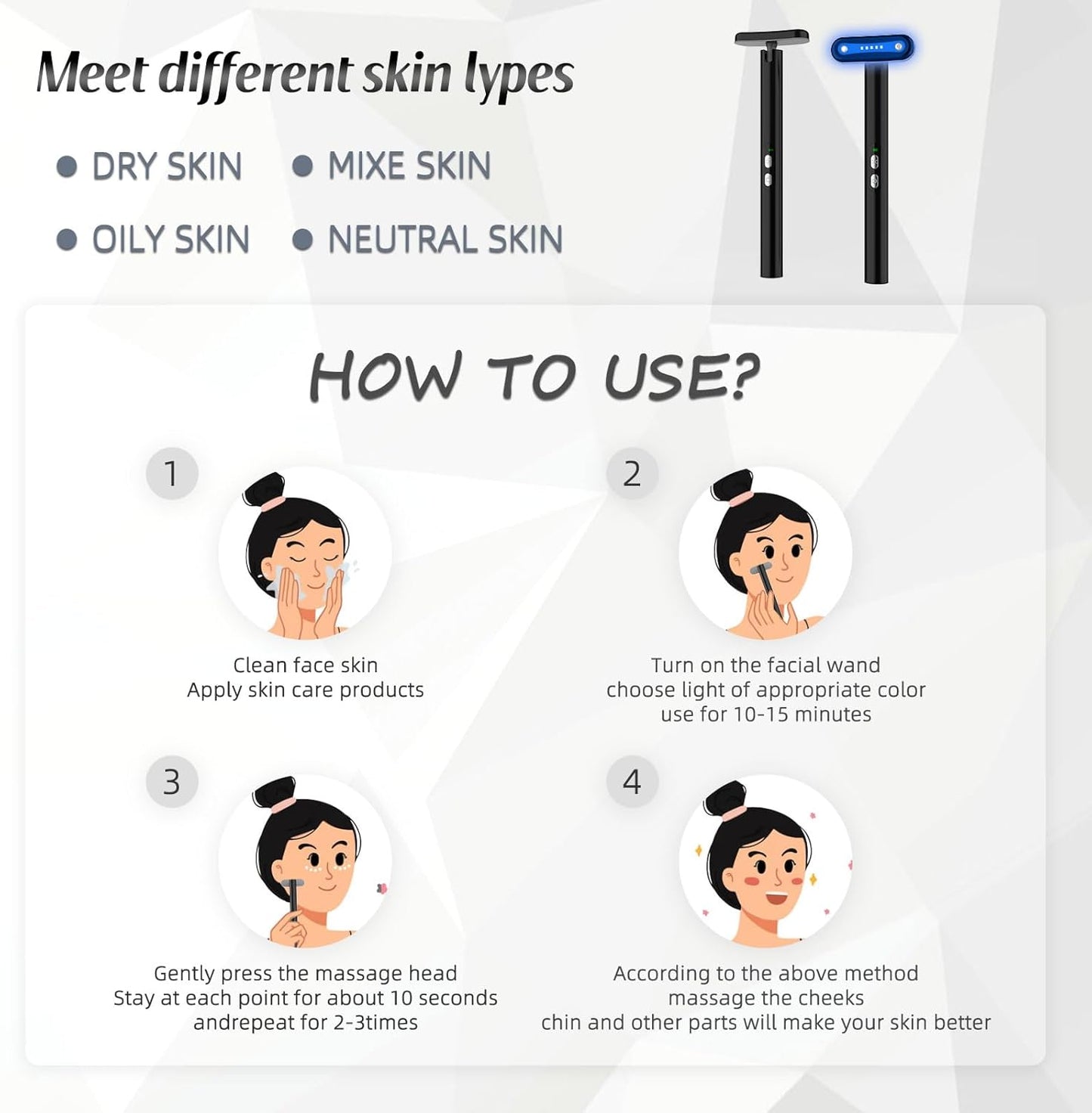 Led-Light-Therapy, 7 Color Face Skincare Wand with Facial Massager LED Face Skin Rejuvenation for Face & Neck & Eye Skincare Equipment Red Light Wand