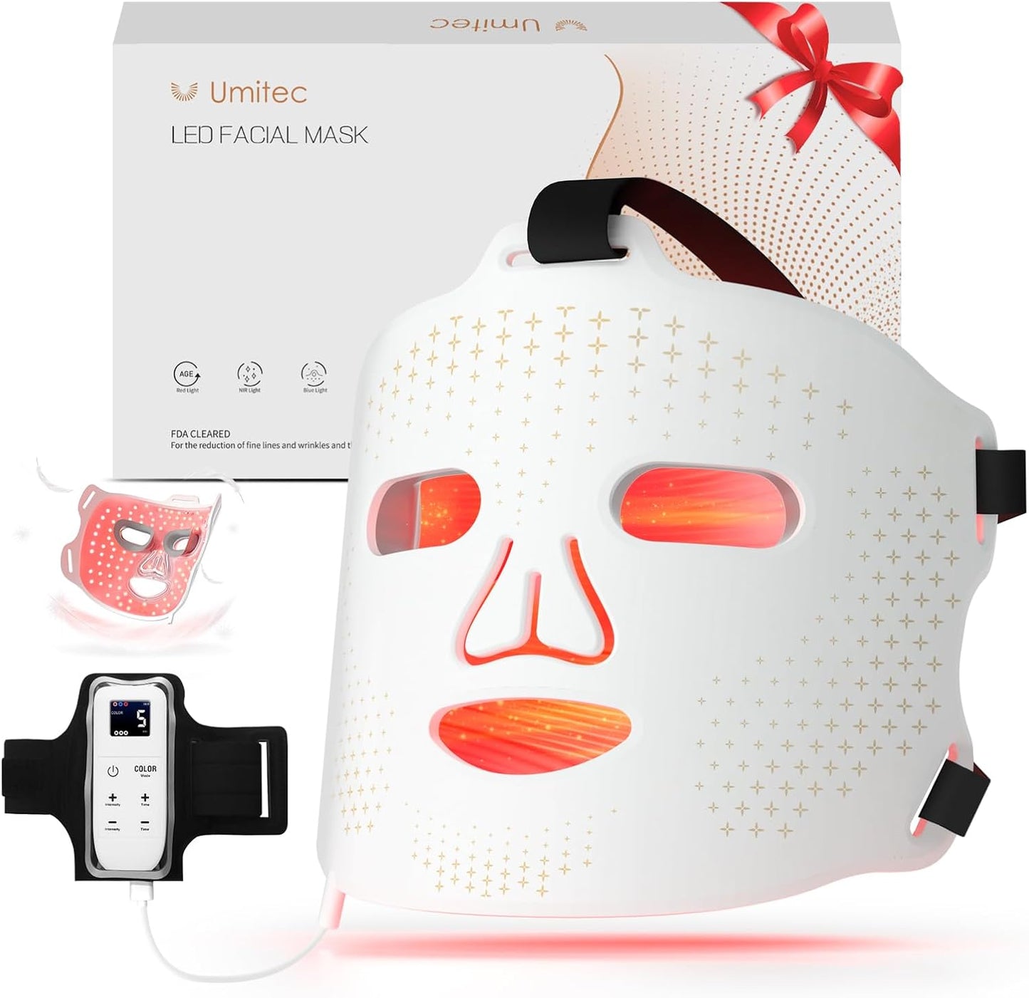 LED Face Mask Light Therapy, FDA-Cleared, 4 Modes Red Light Therapy for Face with Remote and Timer, 2000mAh Rechargeable, Blue, 850NM Infrared & Red Light Therapy Mask at Home, 288 LEDs, White