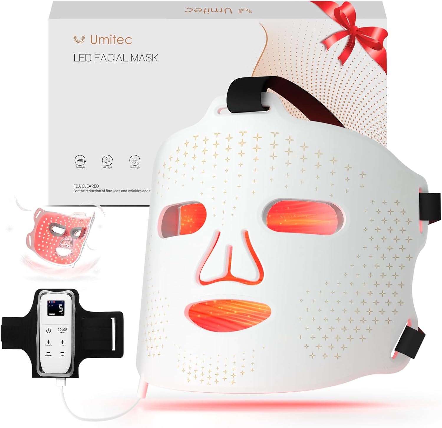 LED Face Mask Light Therapy, FDA-Cleared, 4 Modes Red Light Therapy for Face with Remote and Timer, 2000mAh Rechargeable, Blue, 850NM Infrared & Red Light Therapy Mask at Home, 288 LEDs, White