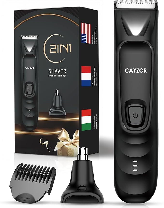 2-in-1 Body and Nose Hair Trimmer for Men - Safe Portable Electric Razor for Ball Groin with LED Light, IPX7 Professional Electric Shavers for Men Pubic, Underarm, Nose, Ear, Beard, Head