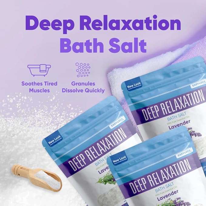 Deep Relaxation Bath Salt (3 Pack Plus Scoop) Relaxing Bath Soak with Pure Lavender Essential Oil in BPA Free Pouch with Press Lock Seal Made in USA 3 Pack of 2 Lbs 6 Lbs Total