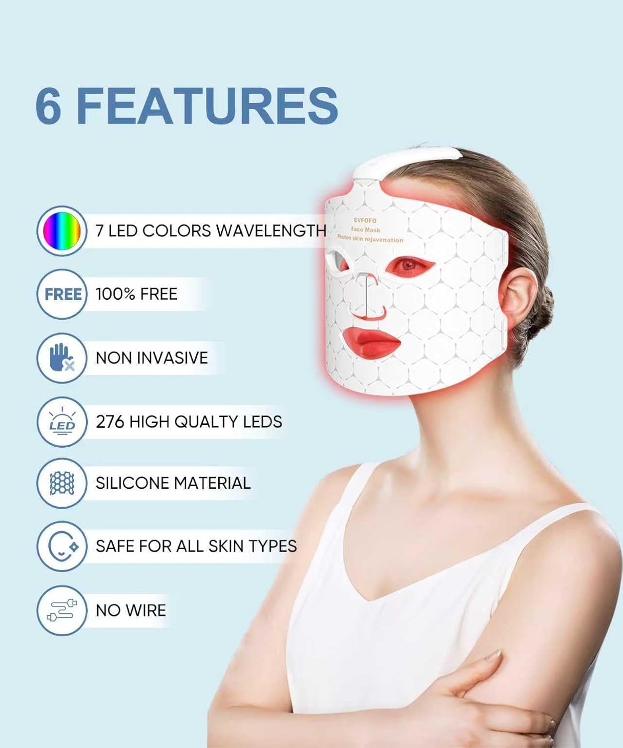 Red Light Photon Facial Mask with Wireless Rechargeable Design, 7 Custom Modes with Infrared, Portable & Rechargeable for Home Use
