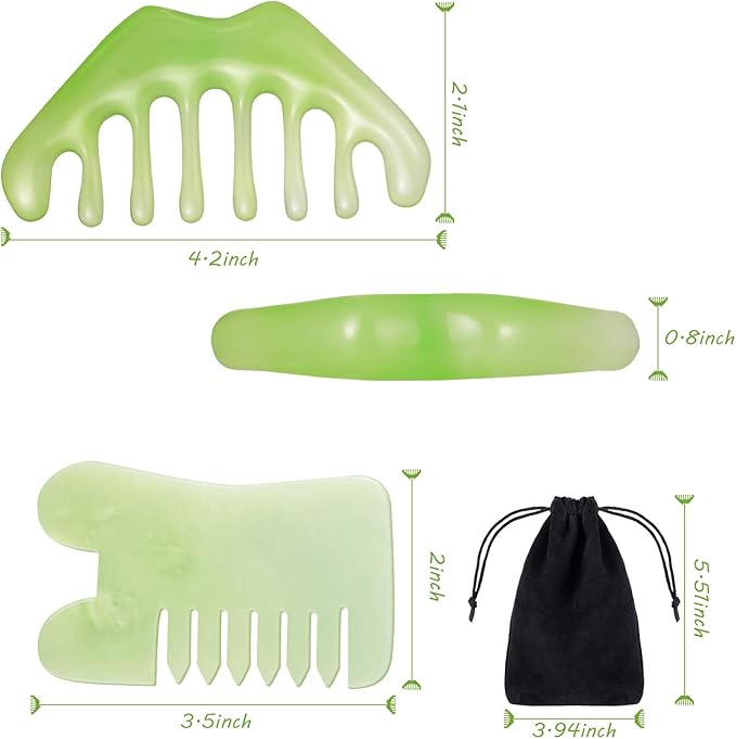 Geiserailie 2 Pieces Jade Combs Massage Stone Hair Gua Sha Scraping Scalp Comb Facial Massage Tool Multifunctional Handheld Head Tools Head Caring Therapy Mother's Day Gift(Mixed Style)