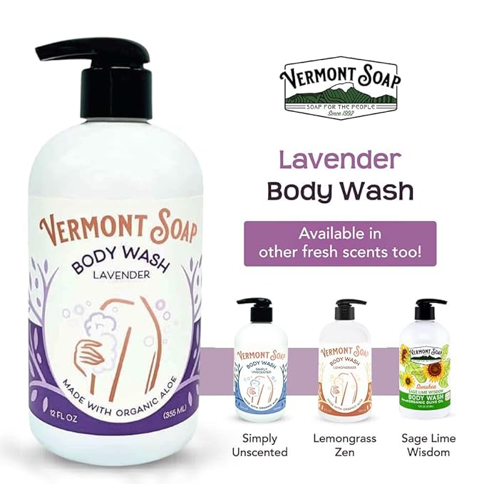 VERMONT SOAP Body Wash, Natural Body Wash with Shea Butter, Mild Gel Body Wash for Moisturizing and Soothing Skin, Fragrance Free Body Wash for Women & Men (Lavender, 12oz)