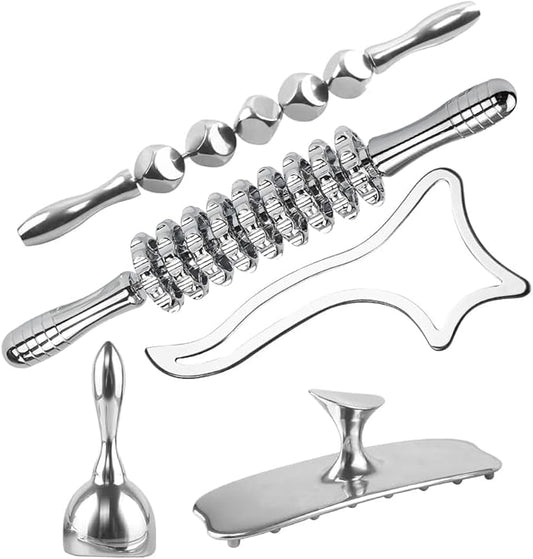 ONUEMP 5-in-1 Stainless Steel Therapy Massage Tools, Gua Sha Scraping Fascia Massage, Maderoterapia Kit Colombiana for Lymphatic Drainage, Cellulite Remover, Ice Body Sculpting