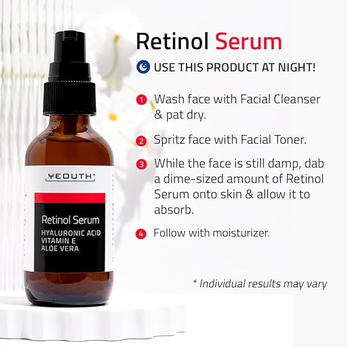 YEOUTH Retinol Serum for Face with Hyaluronic Acid & Vitamin E, Hydrating Retinol Face Serum, Skin Care Suitable for All Skin Types 1oz