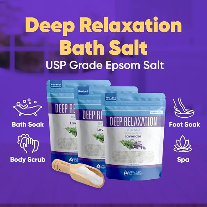 Deep Relaxation Bath Salt (3 Pack Plus Scoop) Relaxing Bath Soak with Pure Lavender Essential Oil in BPA Free Pouch with Press Lock Seal Made in USA 3 Pack of 2 Lbs 6 Lbs Total