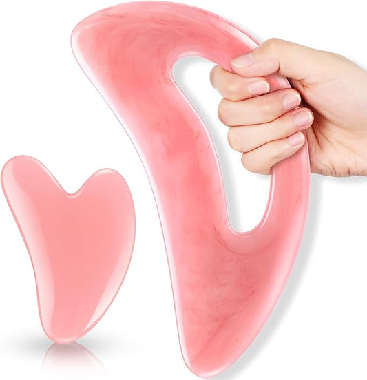 BBTO 2 Pcs Body Gua Sha Tool Large Resin Scraping Tools with Handle for Back, Neck, Face, Leg - Lymphatic Drainage, Cellulite Removal, Muscle Relief (Pink)