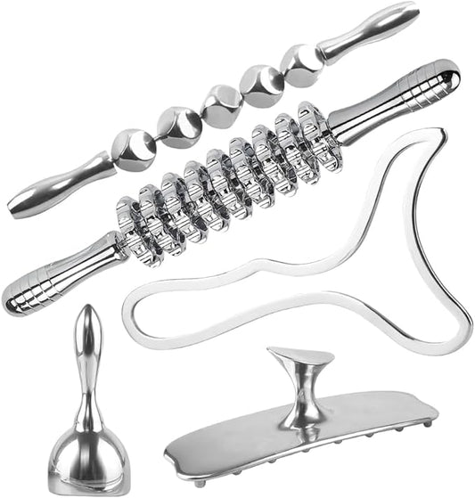 ONUEMP 5-in-1 Stainless Steel Therapy Massage Tools, Gua Sha Scraping Fascia Massage, Maderoterapia Kit Colombiana for Lymphatic Drainage, Cellulite Remover, Ice Body Sculpting
