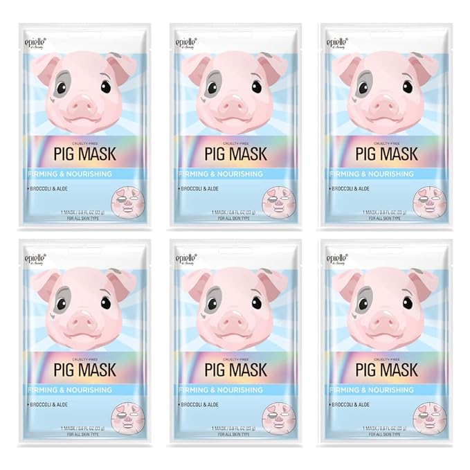 Epielle Animal Character Sheet Masks Pig 6 Pack, Firming & Nourishing Face Mask Skincare with Broccoli & Aloe, Girls Spa Party Favors, Sleepover, Self Care Gifts for Women, Korean Skin Care
