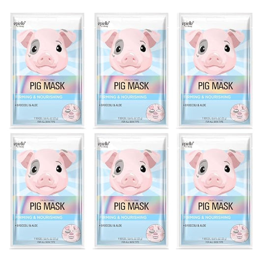 Epielle Animal Character Sheet Masks Pig 6 Pack, Firming & Nourishing Face Mask Skincare with Broccoli & Aloe, Girls Spa Party Favors, Sleepover, Self Care Gifts for Women, Korean Skin Care