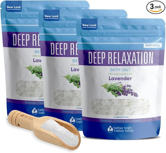 Deep Relaxation Bath Salt (3 Pack Plus Scoop) Relaxing Bath Soak with Pure Lavender Essential Oil in BPA Free Pouch with Press Lock Seal Made in USA 3 Pack of 2 Lbs 6 Lbs Total