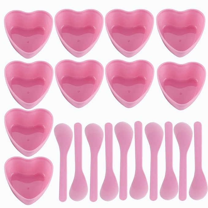 10 Sets Plastic Heart Shaped Facial Mask Mixing Bowl, Pink Facemask Bowl DIY Skin Care Mixing Tool Kit with Spatulas for Mud Masks, Home Salon, and Beauty Salon Use, Face Mask Applicator Tool(10Pcs)