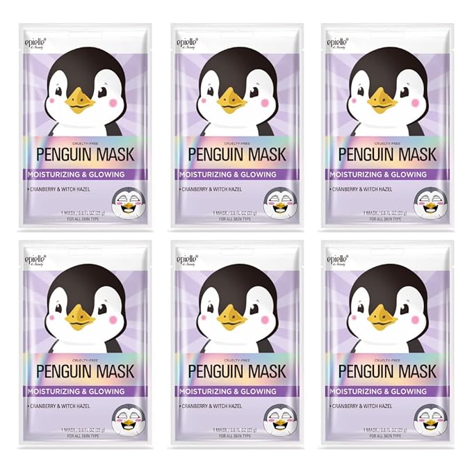 Epielle Animal Character Sheet Masks Penguin 6 Pack, Moisturizing & Glowing Face Mask with Cranberry & Witch Hazel, Girls Spa Party Favors, Sleepover, Self Care Gifts for Women, Korean Skin Care