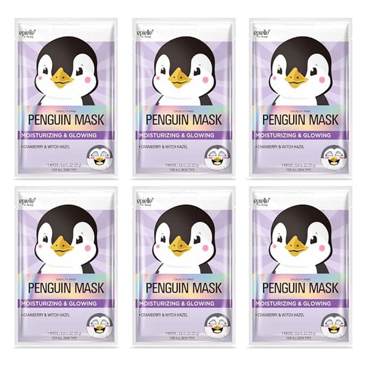 Epielle Animal Character Sheet Masks Penguin 6 Pack, Moisturizing & Glowing Face Mask with Cranberry & Witch Hazel, Girls Spa Party Favors, Sleepover, Self Care Gifts for Women, Korean Skin Care
