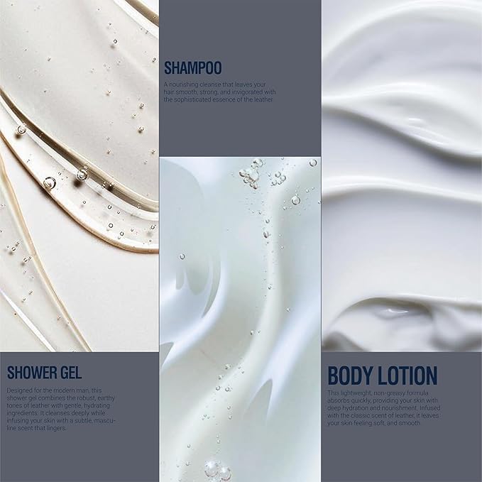 Gift Set for Men - Mens Bath Set and Body Wash Set with Leather Scent Shower Gel, Body Lotion, Shampoo, Mens Shower Gift Sets, Father Day Gifts for Men