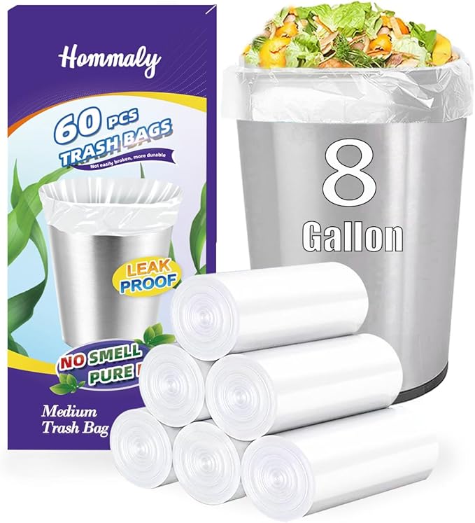 8 Gallon 60pcs Medium Clear Trash Bags Strong Clear Garbage Bags, Bathroom Trash Can Bin Liners, Plastic Bags for Office Home Kitchen, Waste Basket Liner, Fit 30 Liter, 7,8 Gal(8G60-Clear)