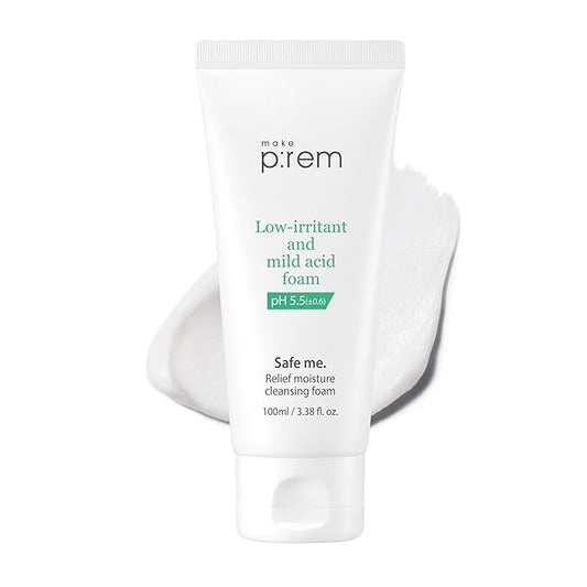 MAKE P:REM Safe Me. Relief Moisture Cleansing Foam, Delicate Eye-Friendly Face Wash for Sensitive Skin, pH Balanced Deep Pore Cleansing, Korean Skin Care, 3.38 Fl Oz, 100ml