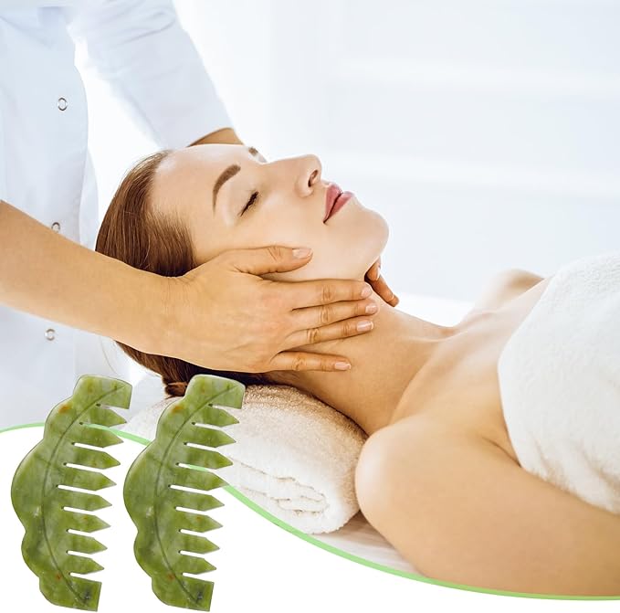 Geiserailie 2 Pieces Jade Combs Massage Stone Hair Gua Sha Scraping Scalp Comb Facial Massage Tool Multifunctional Handheld Head Tools Head Caring Therapy Mother's Day Gift(Plain Style)